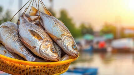 Wall Mural - Fish Market and Aquaculture Concept, Sunrise Over Fish Market with Fresh Catch in Aquaculture Setting and Vibrant Colors of Early Morning Light