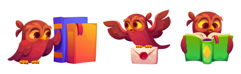 Cute owl mascot set with books, envelope and reading positions - brown cartoon bird character expressing different emotions. Educational application elements for children learning platform design.