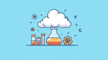 Poster - Experiment flat icons with a cloud of vapor with gear wheels above a conical flask with additional glassware for pharmaceutical, chemical, botanical and medical research