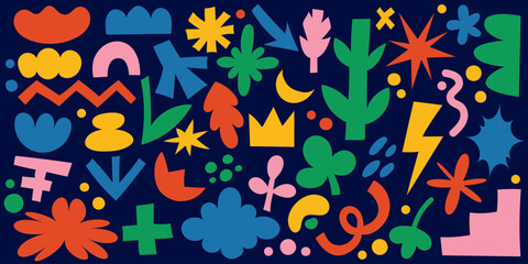Poster - abstract shapes. organic vector graphic with funky stickers of stars flower and clouds. doodle blobs