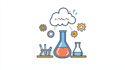 Poster - Experiment flat icons with a cloud of vapor with gear wheels above a conical flask with additional glassware for pharmaceutical, chemical, botanical and medical research