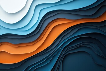 Wall Mural - Abstract paper layers in blue, orange, and white creating a dynamic wave-like pattern