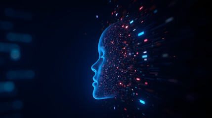 Poster - Futuristic 3D Digital Representation of Human Face with Particles and Light Effects in a Dark Background for Technology and Abstract Concepts