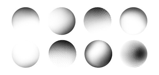 Poster - Monochrome grain textured dot spheres with halftone patterns, dimensional shading and gradient density effects. Geometric design shapes with depth through stipple placement and smooth transitions.