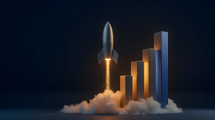 Poster - Futuristic rocket launching into the air with rising bar graph representation of growth and success against a dark backdrop with clouds and light effects