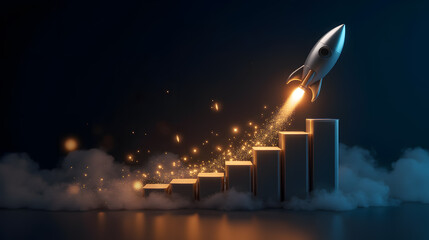 Poster - Rocket Launching with Ignition and Smoke Over Rising Bar Graph Representing Growth and Success in Business or Technology Innovation