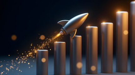 Poster - Silver Rocket Launching with Sparkles Above Increasing White Bar Chart Graph Representing Growth and Success in Business or Marketing Strategy