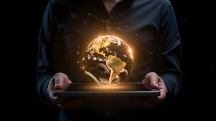 Poster - Hands Holding a Tablet with a Glowing Digital Earth Against a Dark Background Representing Global Connectivity and Technology