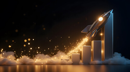 Poster - Rocket Launching with Sparks Over Growth Bars Representing Success and Achievement in Business and Innovation