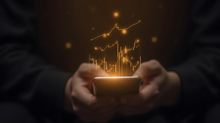 Poster - Hands Holding Smartphone with Digital Financial Data Visualization and Graph Patterns Glowing Against Dark Background for Investment and Technology Concepts