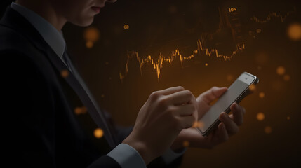 Poster - Professional business person analyzing financial data on smartphone with stock market graphs and charts in modern digital environment