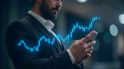Poster - Business professional using smartphone to analyze financial charts and data trends in modern office environment at night with glowing graph overlay