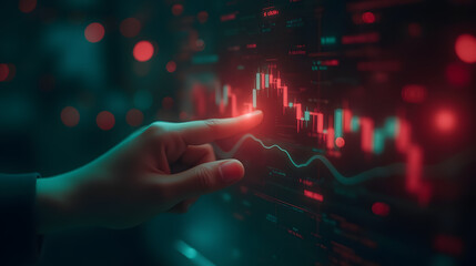 Poster - Hand Touching Digital Stock Market Data on Screen with Red and Green Financial Graphs and Data Visualization Concept in Technology Environment