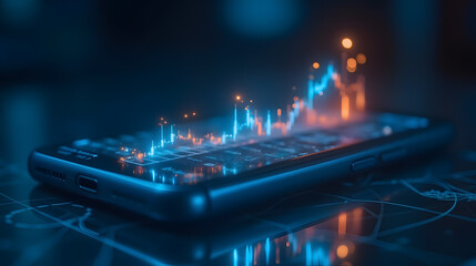 Poster - Futuristic Smartphone Displaying Dynamic Financial Market Graphs with Abstract Lighting Effects in Dark Environment for Investment and Technology Concepts