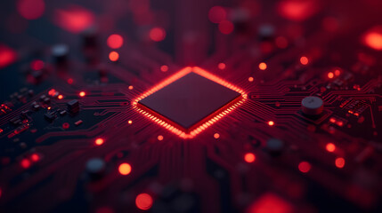 Poster - Close-up View of a Red Circuit Board with Microchip and Glowing LED Lights Illuminating the Intricate Electronic Design and Patterns