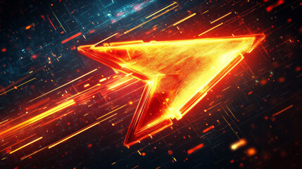 Poster - Abstract red neon light arrow speed background. Futuristic glow tech gamer graphic for banner. Fast move cyber casino design with yellow led beam. 3d triangle perspective dynamic digital party bg.