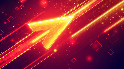 Poster - Abstract red neon light arrow speed background. Futuristic glow tech gamer graphic for banner. Fast move cyber casino design with yellow led beam. 3d triangle perspective dynamic digital party bg.
