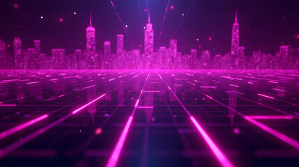 Poster - Futuristic city skyline with neon lights and digital grid, vibrant colors and abstract design creating a tech-inspired atmosphere in urban setting
