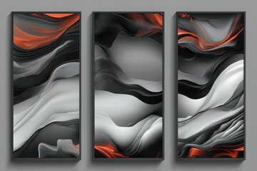 Wall Mural - Abstract triptych artwork featuring flowing waves of black, white, and orange colors on a gray background