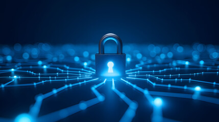 Poster - Digital Padlock with Keyhole Surrounded by Glowing Network Connections Representing Cybersecurity and Data Protection in a Modern Technology Environment