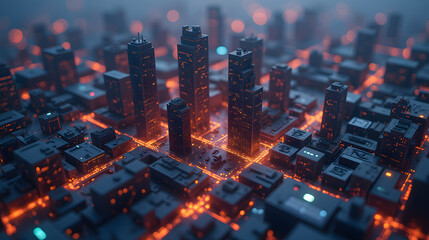Poster - Futuristic Cityscape at Night with Glowing Highlights in Urban Environment, Aerial View of Buildings and Streets, Concept of Technology and Innovation