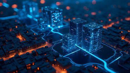 Poster - Futuristic Cityscape with Glowing Skyscrapers and Neon Lights at Night in a Virtual Urban Environment