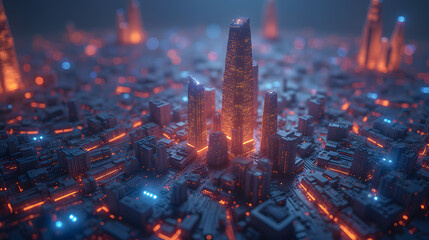 Poster - Futuristic Cityscape at Night with Glowing Skyscrapers and Neon Lights in a Digital Urban Environment