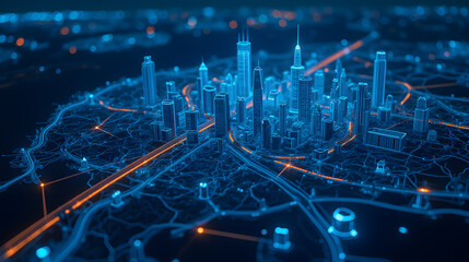 Poster - Futuristic digital cityscape visualization with intricate networking connections and glowing lights representing urban development concepts