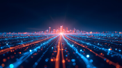 Poster - Futuristic vibrant city skyline illuminated with glowing blue and orange lines representing data flow and connectivity in a digital world