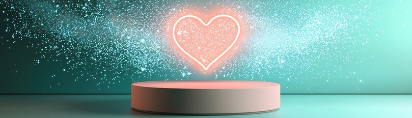 Poster - Heart Shape Neon Light on Mint Coral Backdrop with Sparkles and Glow for Creative Projects