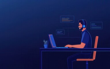 Poster - A digital illustration of a man wearing headphones, focused on coding at a laptop, with a dark blue background and a plant on the desk.