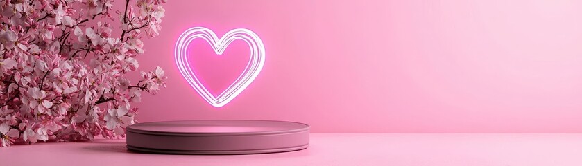 Poster - Dreamy Pink Scene with Floating Neon Heart and Cherry Blossom Accents for a Romantic Atmosphere