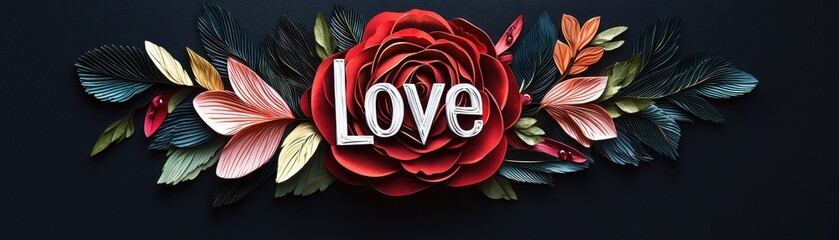 Poster - Detailed Red Rose Design with Love Surrounded by Leaves and Flowers for Romantic and Floral Themes