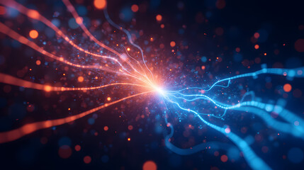 Fototapete - Abstract digital background with bright luminous lines and glowing particles in blue and orange hues creating a dynamic energy wave effect