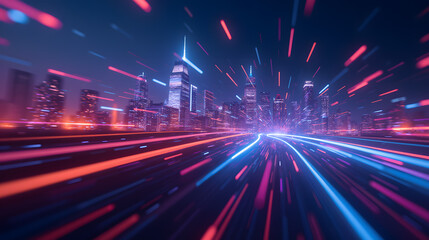 Poster - Futuristic Cityscape at Night with Velocity Motion Blur Creating Dynamic Light Trails in Urban Environment