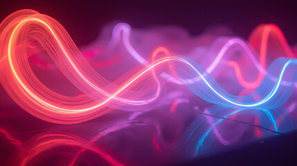 Fototapete - Colorful Light Waves in Motion Creating Abstract Digital Effects with Soft Glow and Reflection on a Smooth Surface at Night for Creative Use