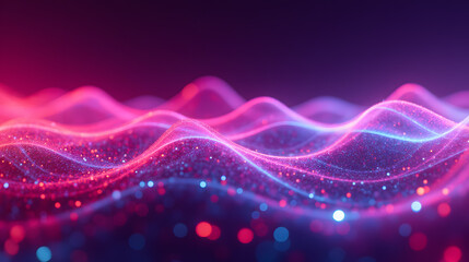 Fototapete - Vibrant Abstract Waves in Soft Focus with Glowing Particles and Smooth Curves in Pink and Blue Tones, Suitable for Technology and Background Use