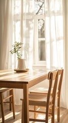 Aufkleber - Warm sunlight filters through sheer curtains, illuminating a neutral wooden dining table topped with a minimalist vase holding a sprig of greenery, creating a serene indoor atmosphere