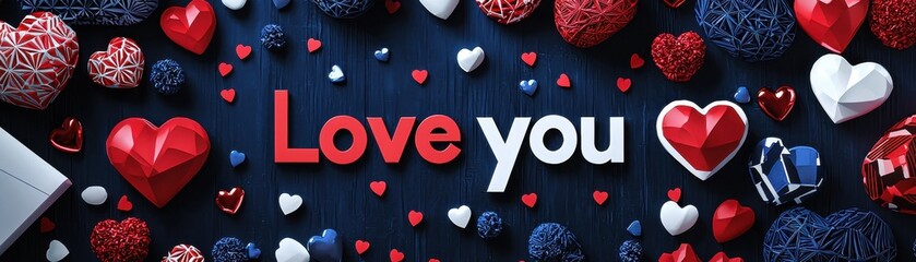 Poster - Colorful Valentine’s Day Banner Featuring Geometric Hearts and Love You Text on a Dark Background