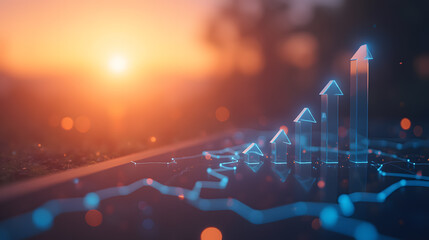 Poster - Futuristic Growth Chart with Arrow Indicators against a Beautiful Sunset Background Capturing Business Expansion and Financial Progress