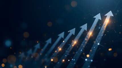 Poster - Abstract design of upward moving arrows with glowing particles representing growth and success in a technological environment