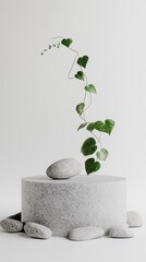 Poster - A neutral gray podium stands gracefully, surrounded by smooth stones. A delicate green vine elegantly floats upward, blending nature with modern design in a calming atmosphere
