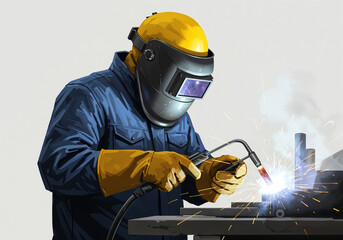 Poster - welder worker in the process of work . Generative AI