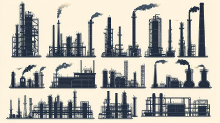 Wall Mural - Industrial chemical plant and factory icons with black silhouettes of pipelines, towers and chimneys, fire flames. For gas and oil industry design