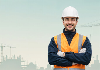Poster - happy construction worker against construction site background . Generative AI