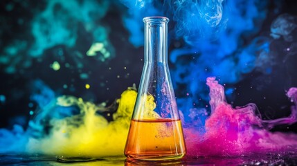 colorful chemical reaction in beaker with bright fizzing mixture, laboratory experiment showing chem