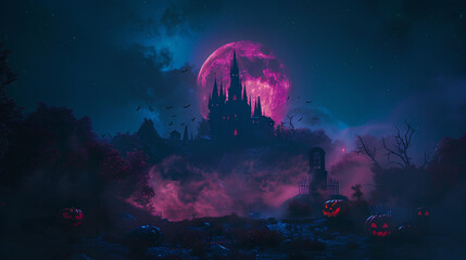 Wall Mural - halloween background with a full moon, haunted house, and spooky pumpkins in a cemetery on a dark ni