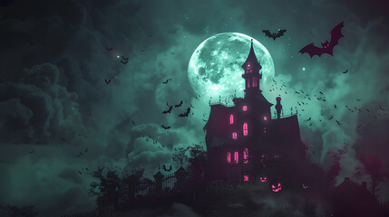 Wall Mural - halloween background with a full moon, haunted house, and spooky pumpkins in a cemetery on a dark ni