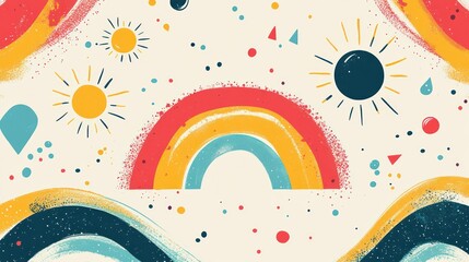 Wall Mural - Rainbow, sun, waves, pattern, digital, art, background, design, website, illustration