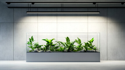 Wall Mural - A modern indoor planter with lush green plants, set against a minimalist concrete wall, illuminated by a sleek overhead light.